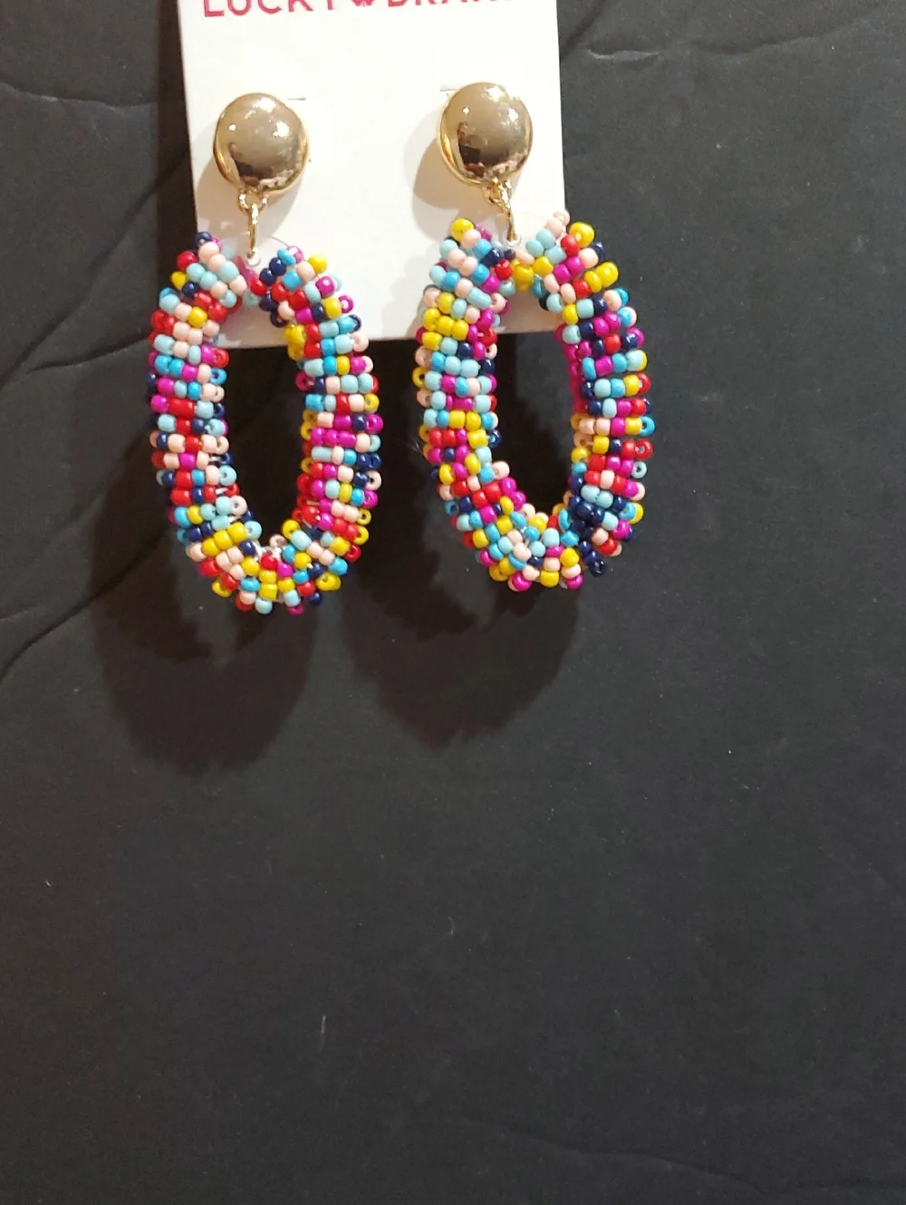 Lucky Brand multi-colored beaded gold stamped oversized oval two tiered earrings